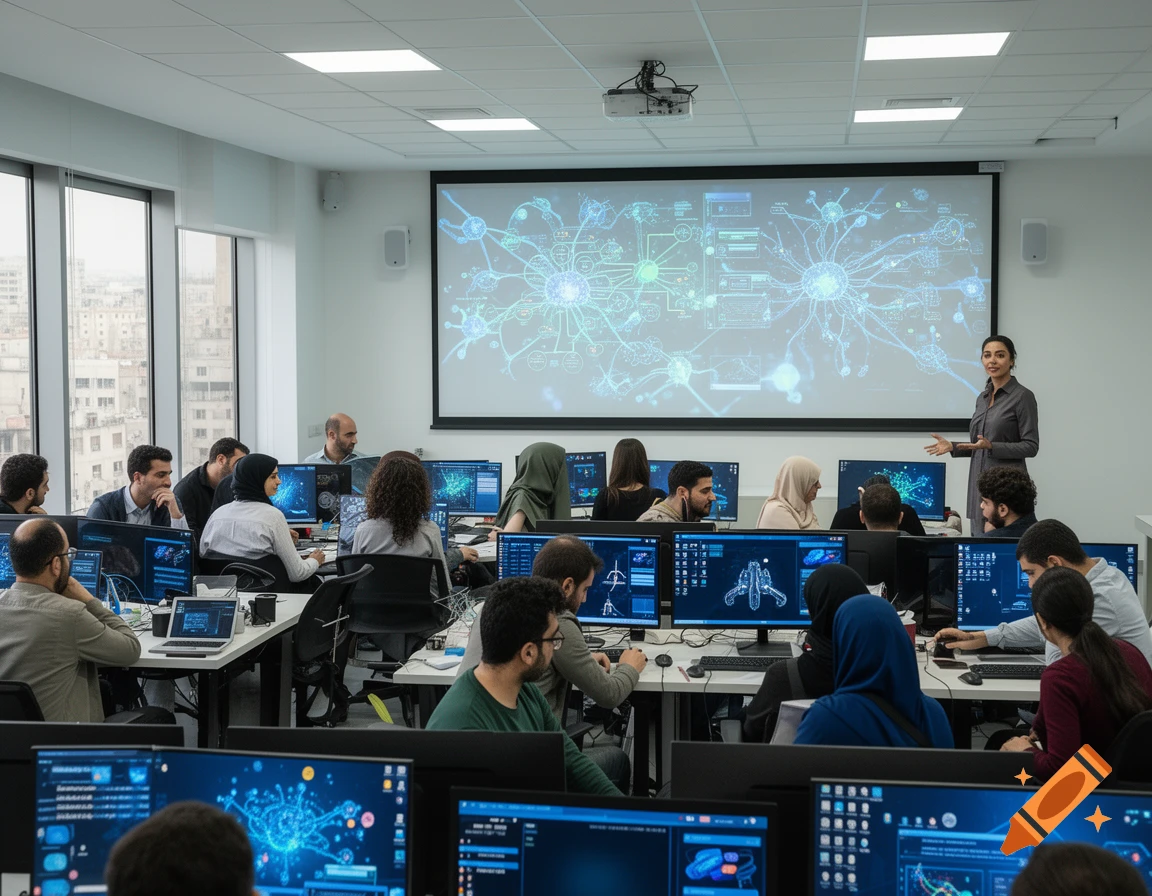 A diverse group of adults in a modern classroom, seated at desks with computers, while a female instructor stands by a large projector screen displaying AI-related graphics.