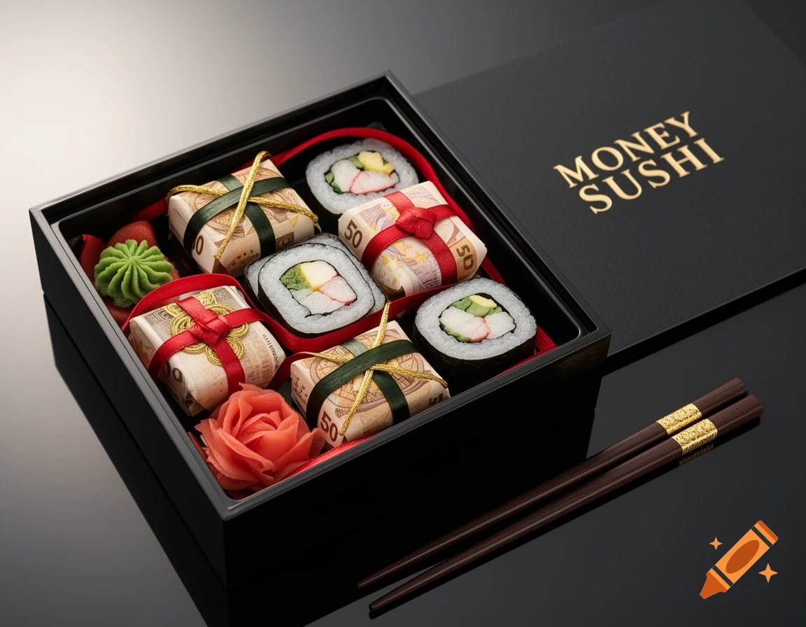 A luxurious black gift box containing sushi rolls and bundles of 50 Euro banknotes wrapped to resemble sushi, alongside wasabi and ginger. Chopsticks rest outside the box, which has "MONEY SUSHI" printed on its lid.