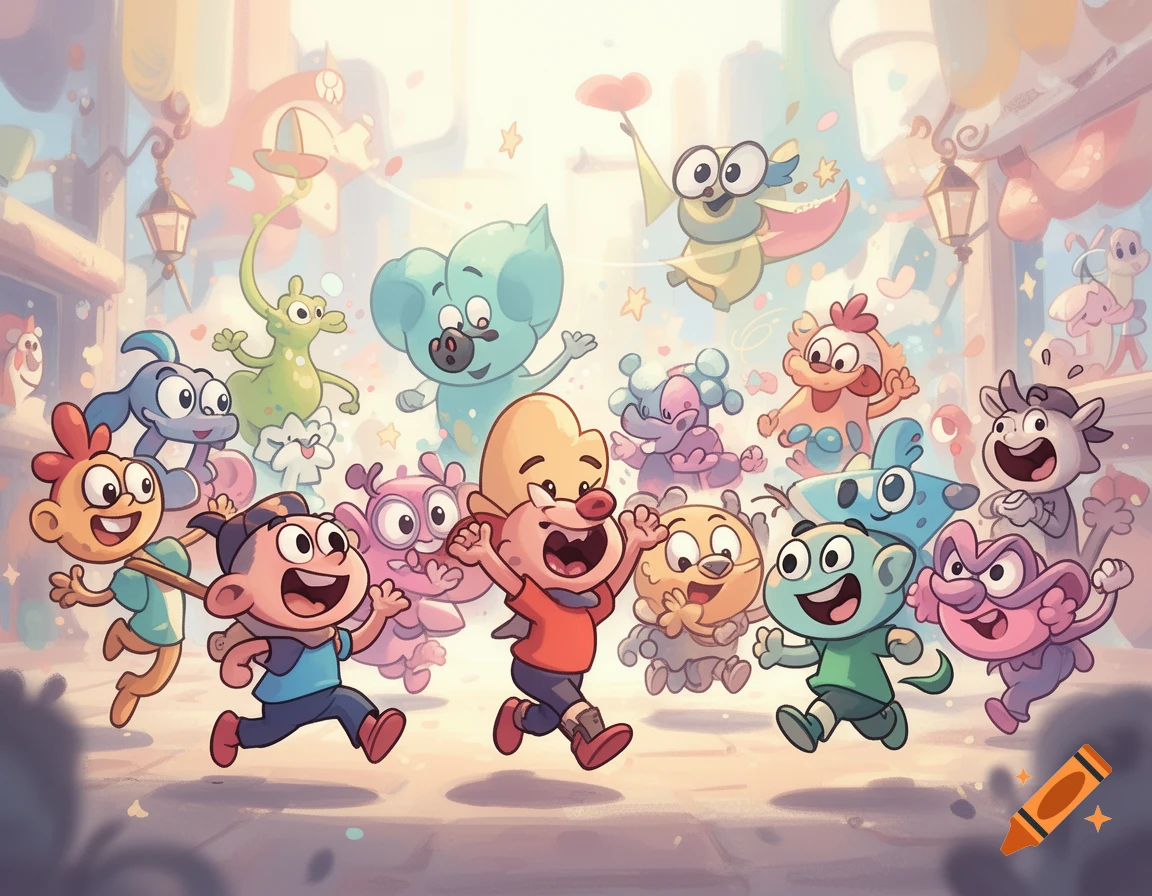 A joyful group of colorful, diverse cartoon characters running happily through a bright, festive street with confetti.