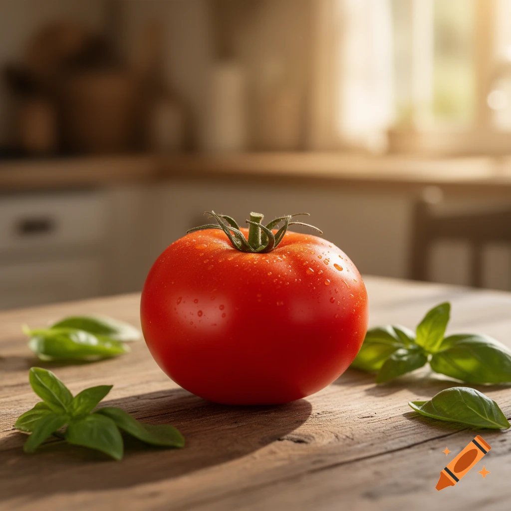 A fresh red tomato with water droplets and green basil leaves on a rustic wooden table in a sunlit kitchen.