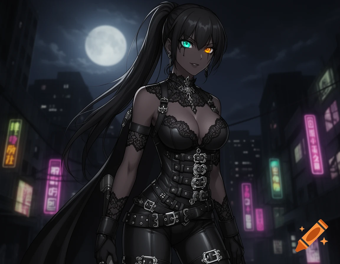 Dark-skinned anime woman in a black gothic leather outfit with glowing green and orange eyes on a night city street under a full moon.