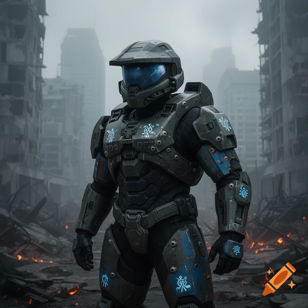 A heavily armored soldier stands amidst the ruins of a dystopian city with fires, in a gritty, realistic style.