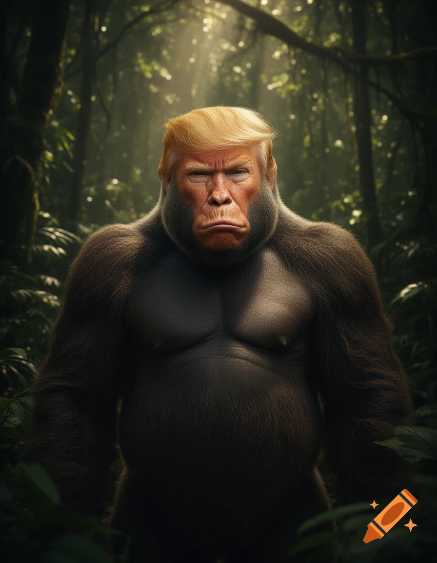 Photorealistic caricature of Donald Trump's face on a humanoid gorilla body in a dark, lush jungle.