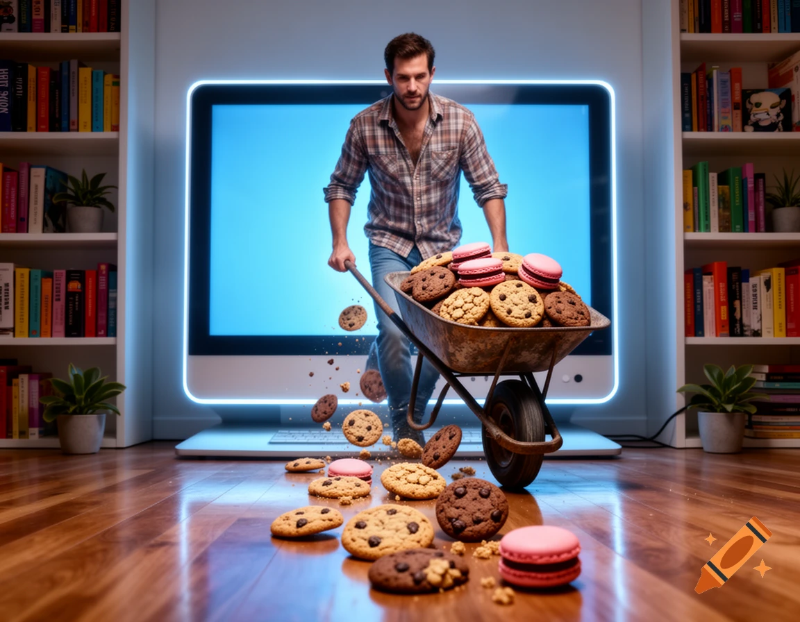 A man pushes a wheelbarrow overflowing with chocolate chip cookies and pink macarons, emerging from a glowing computer screen into a room with bookshelves.