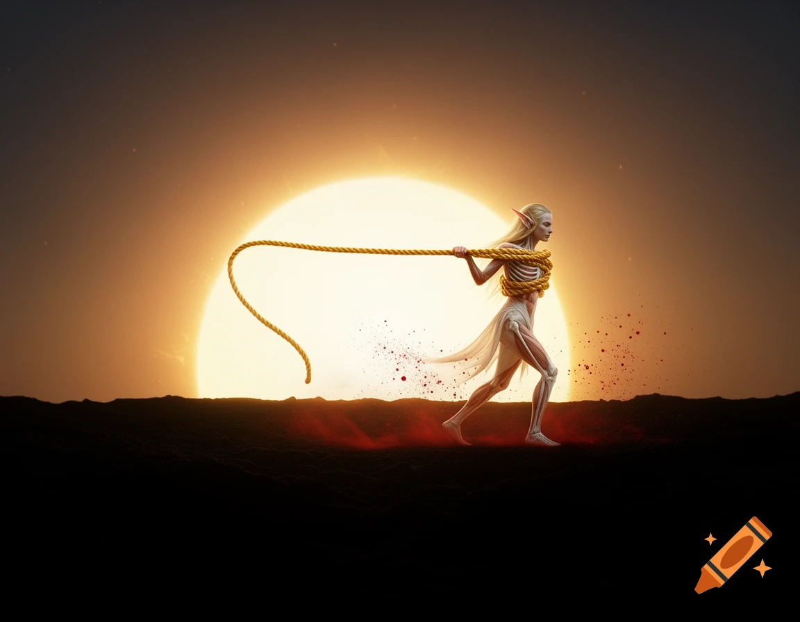 A dramatic image of an elf with visible musculature, bound by a golden rope, struggling to pull the sun over a dark horizon.