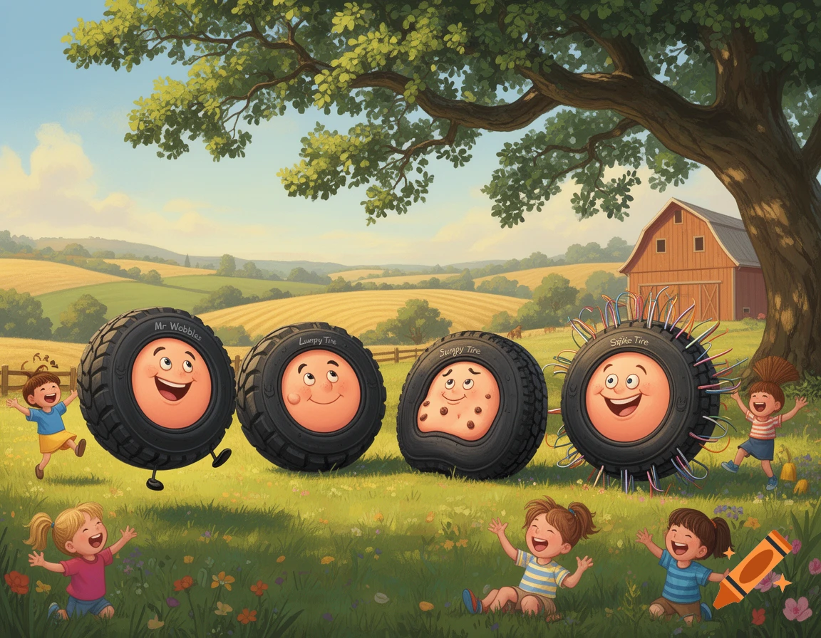 Four anthropomorphic tires with happy faces, including Mr. Wobbles and Spike Tire, play with laughing children in a sunny cartoon farm scene.