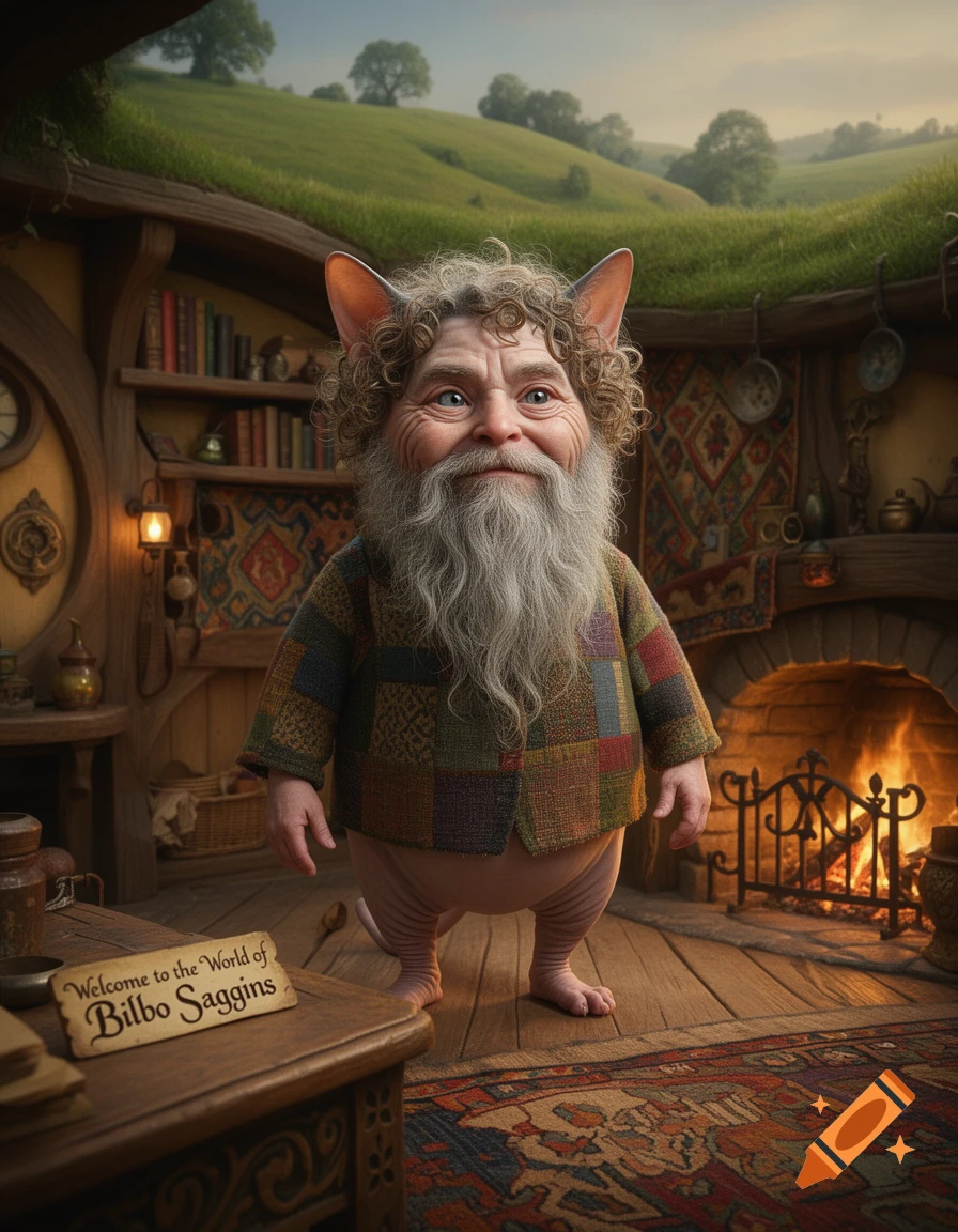 A photorealistic fantasy creature with cat ears and a long white beard stands in a cozy hobbit-hole, next to a sign.