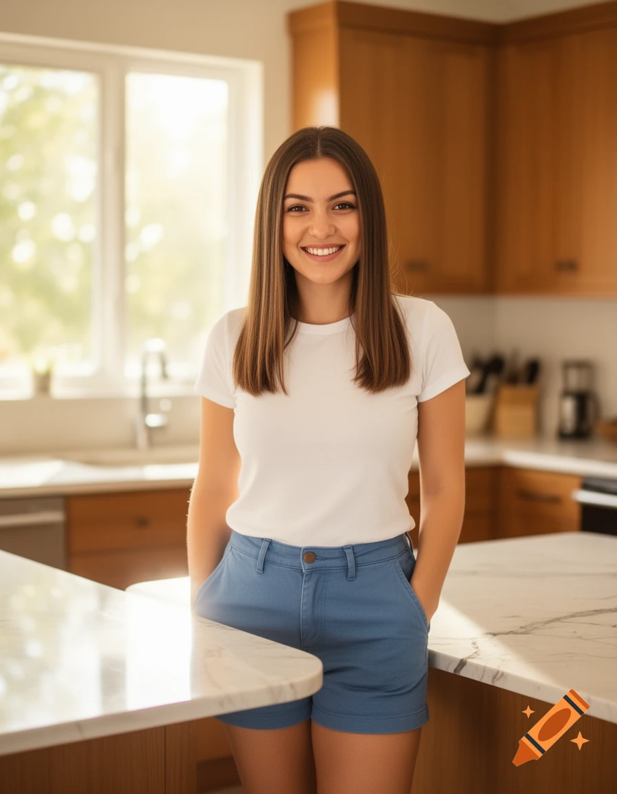 A smiling woman with shoulder-length brown hair stands in a bright kitchen, wearing a white t-shirt and blue shorts.