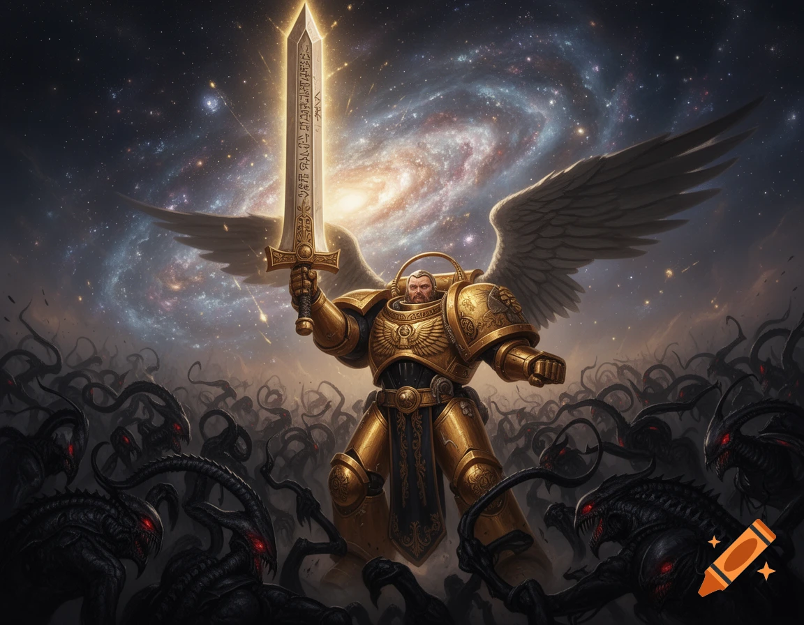 A golden angel marine in power armor with wings raises a glowing sword against a swarm of dark, red-eyed alien creatures, under a starry galaxy sky.