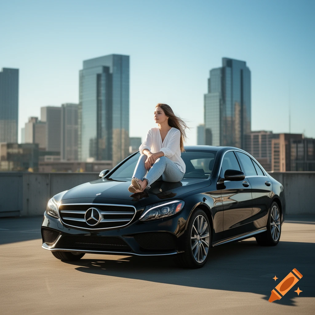 A woman sits on the hood of a black Mercedes-Benz car, looking into the distance with a city skyline in the background.