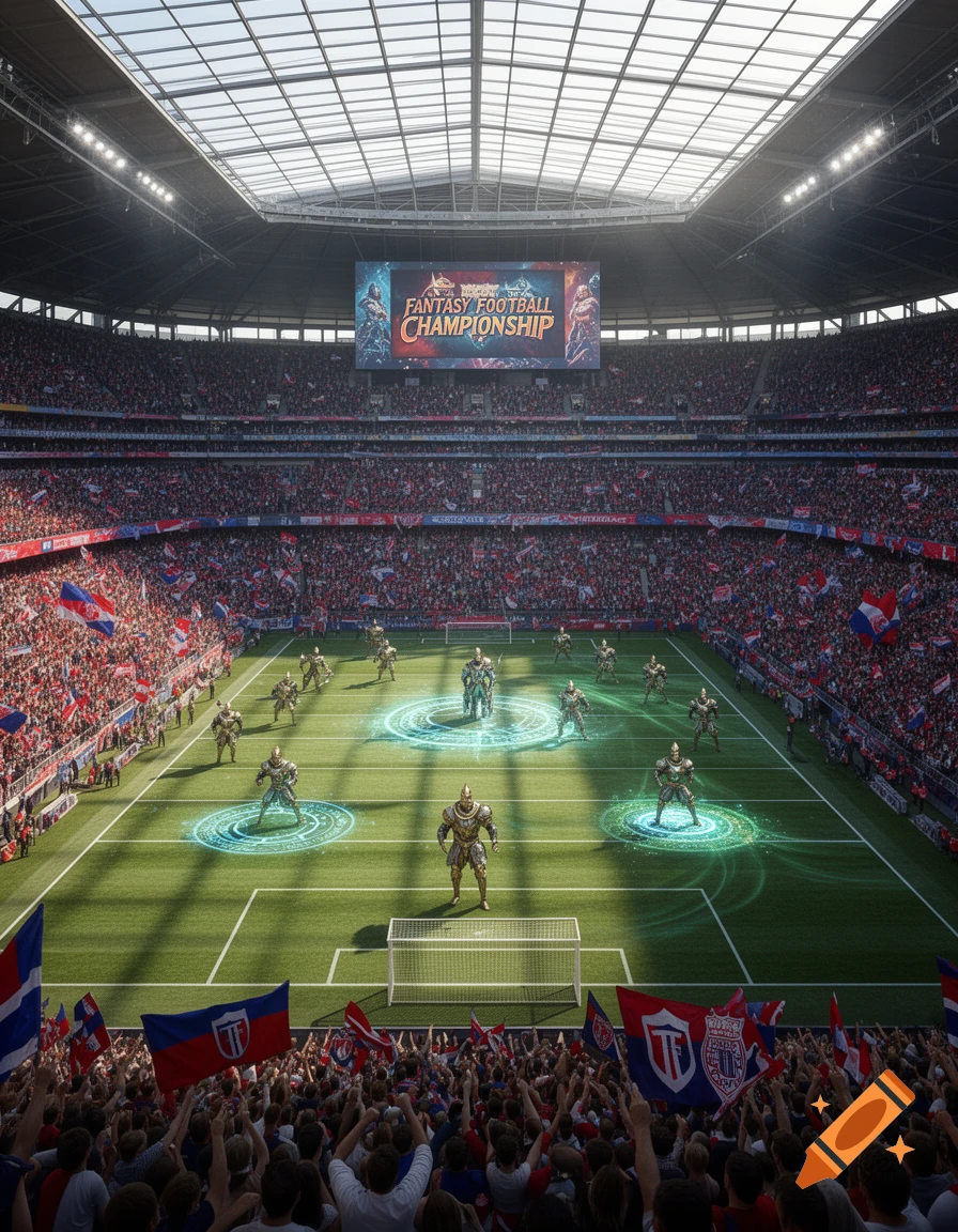 A photorealistic view of a packed stadium hosting a fantasy football championship with armored players on the field and glowing effects.