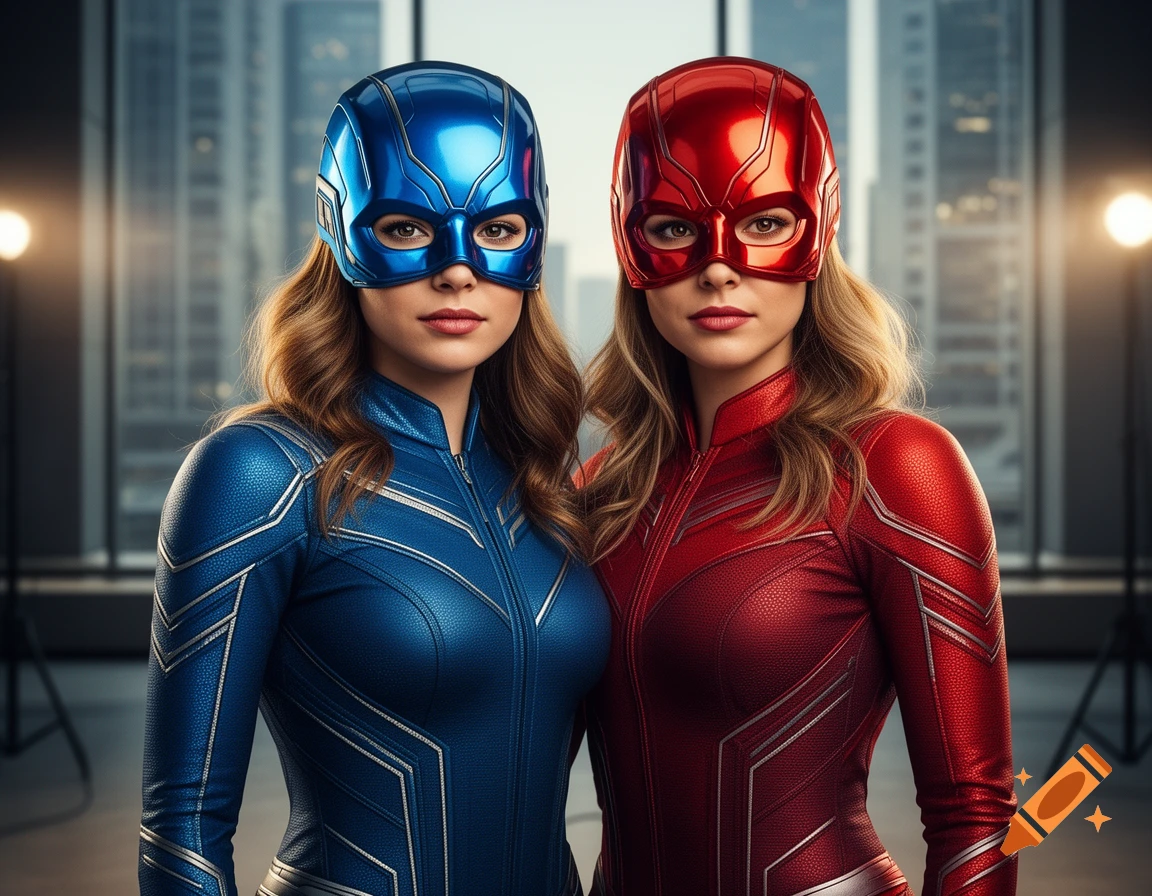 Two women in futuristic blue and red superhero suits and masks stand against a city skyline, photorealistic.