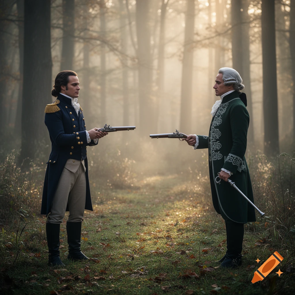 Two men in 18th-century attire stand facing each other in a misty forest, each holding a dueling pistol.