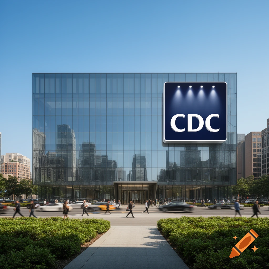 Photorealistic image of a modern glass building with a prominent 'CDC' sign on a busy city street with pedestrians and cars.