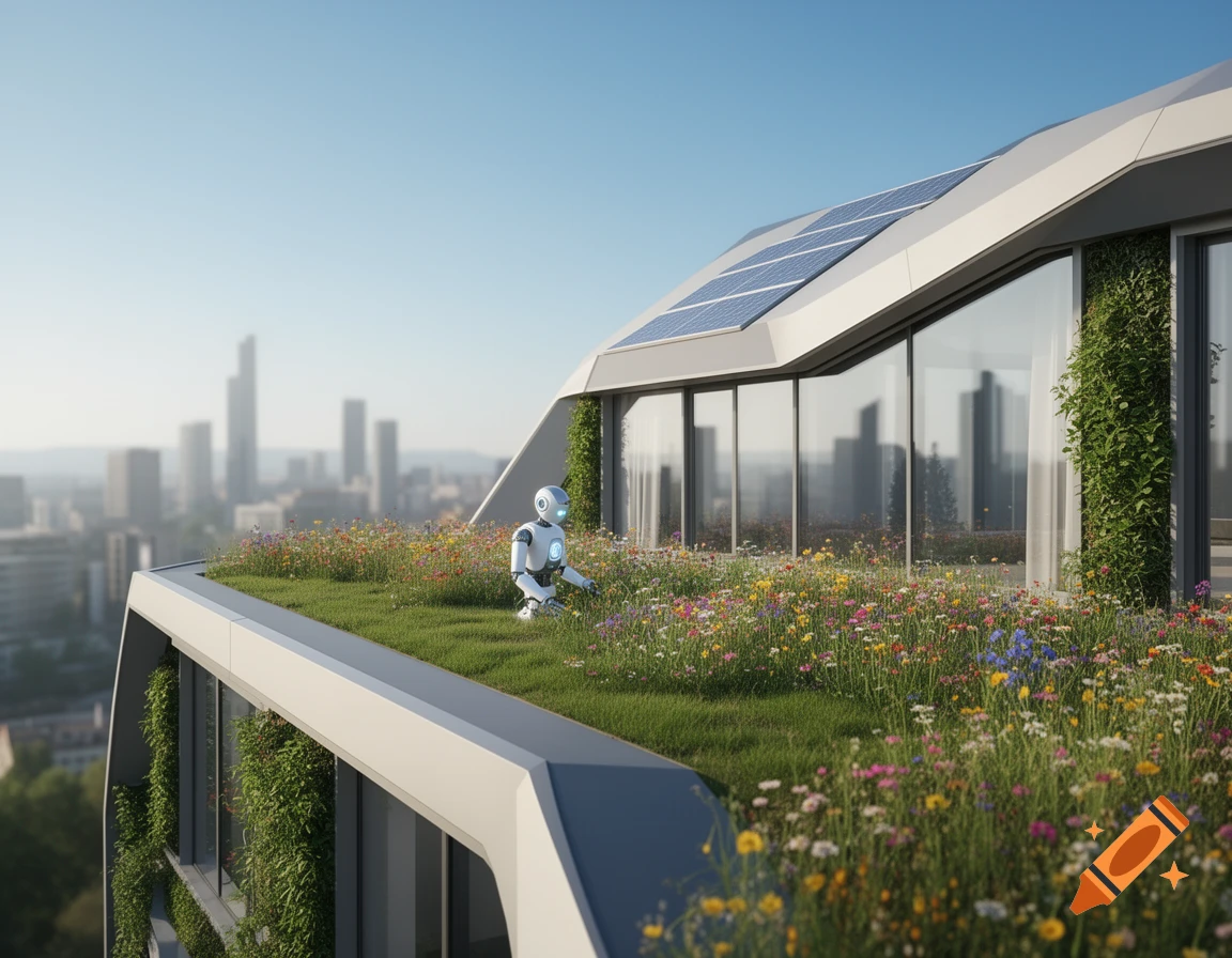A white robot tends to wildflowers on the green roof of a futuristic building with solar panels, overlooking a city skyline.