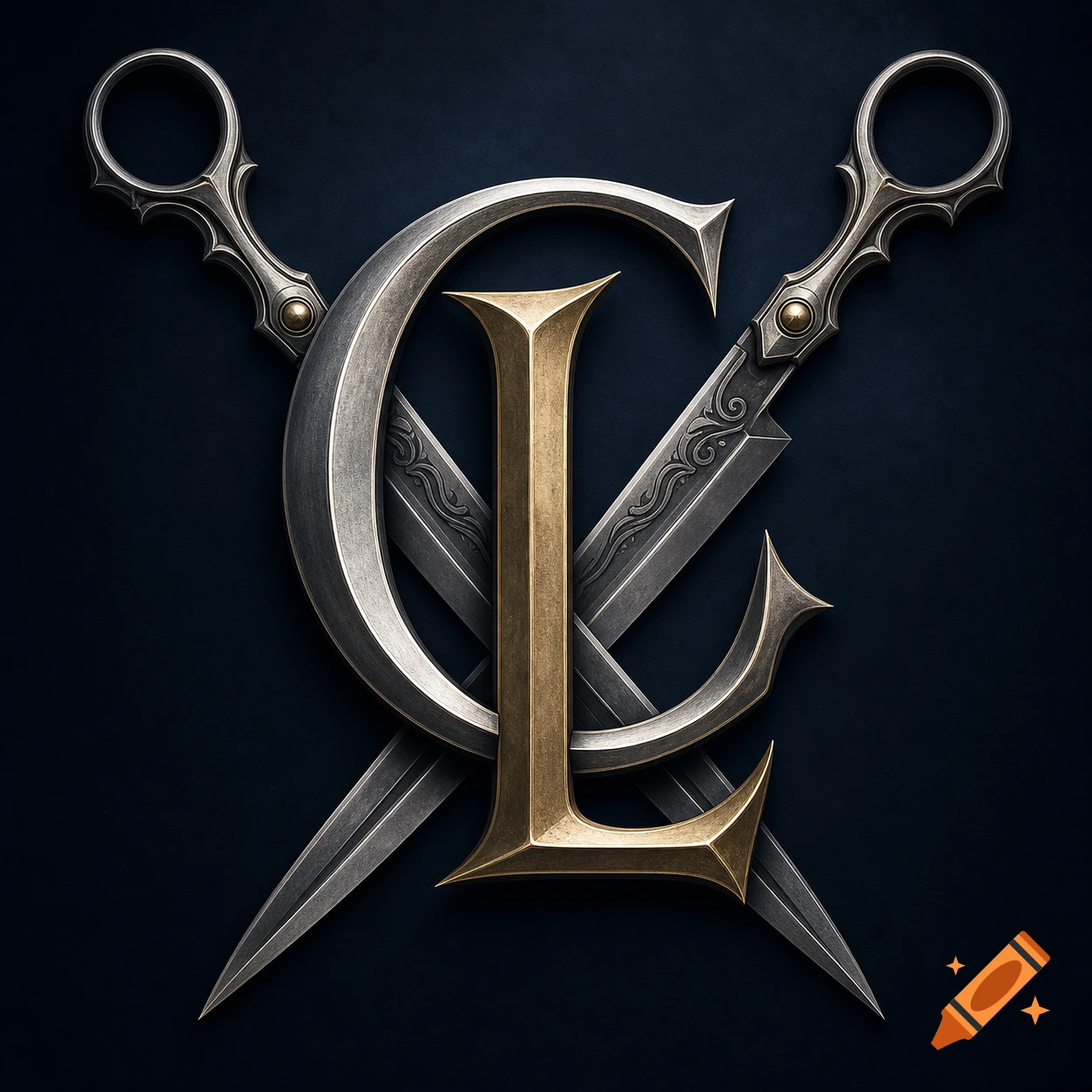 A detailed logo with a gold letter L intertwined with a silver letter C, backed by stylized silver scissors/daggers on a dark background.