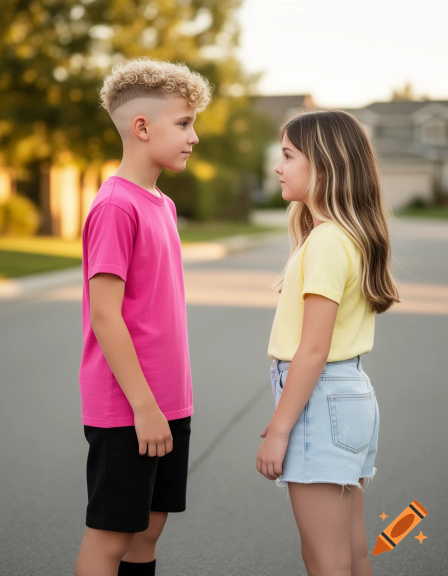 A boy with curly blonde hair and a pink shirt looking at a girl with highlighted brown hair and a yellow shirt on a suburban street.