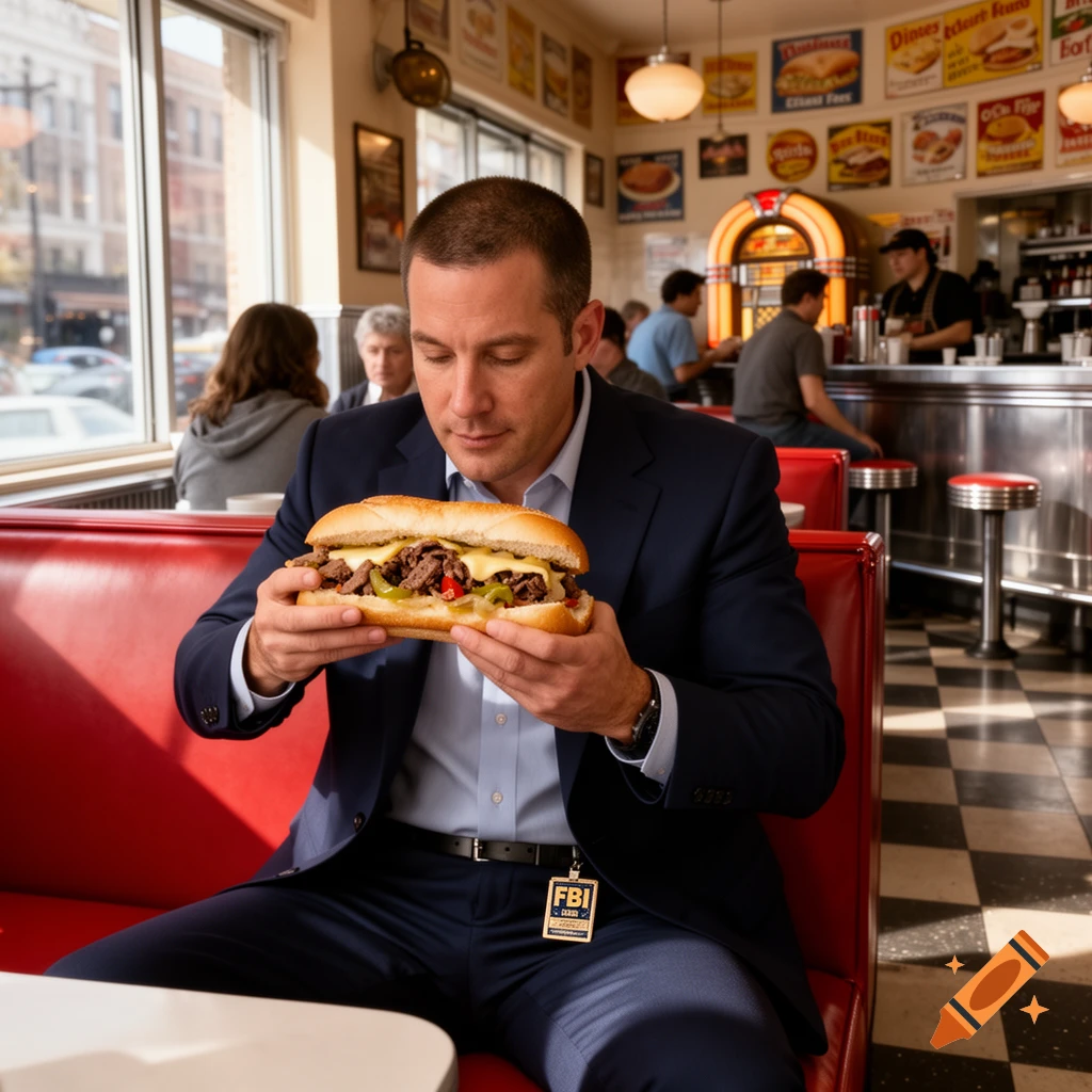 A man in a suit, identified as an FBI agent by his badge, holds a large Philly cheesesteak sandwich in a diner.