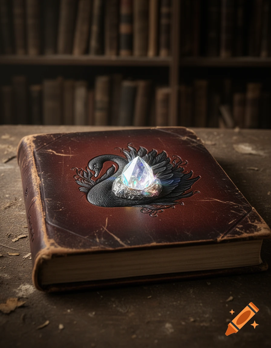 An old, brown leather-bound book with a black swan engraving and a glowing crystal on its cover, set on a dusty table.