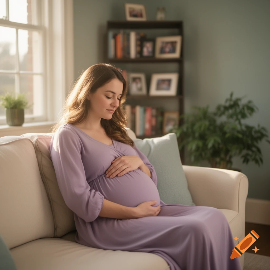 A pregnant woman in a lavender dress sits on a couch, gently holding her belly in a sunlit living room.