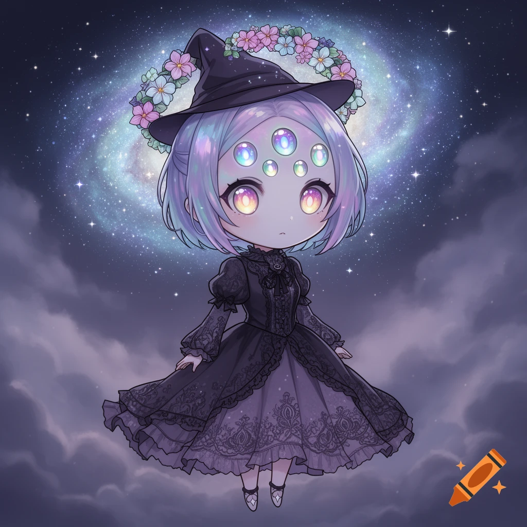 A chibi alien witch with six iridescent eyes, lavender hair, and a black gothic dress, floating against a starry galaxy background.