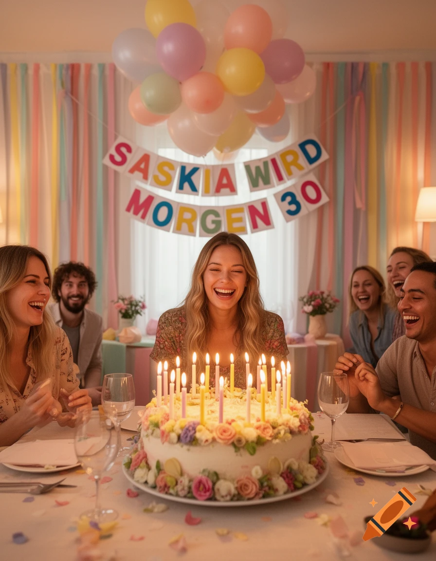 A woman laughs in front of a birthday cake with many candles, surrounded by friends and balloons at a party. A banner reads "SASKIA WIRD MORGEN 30".