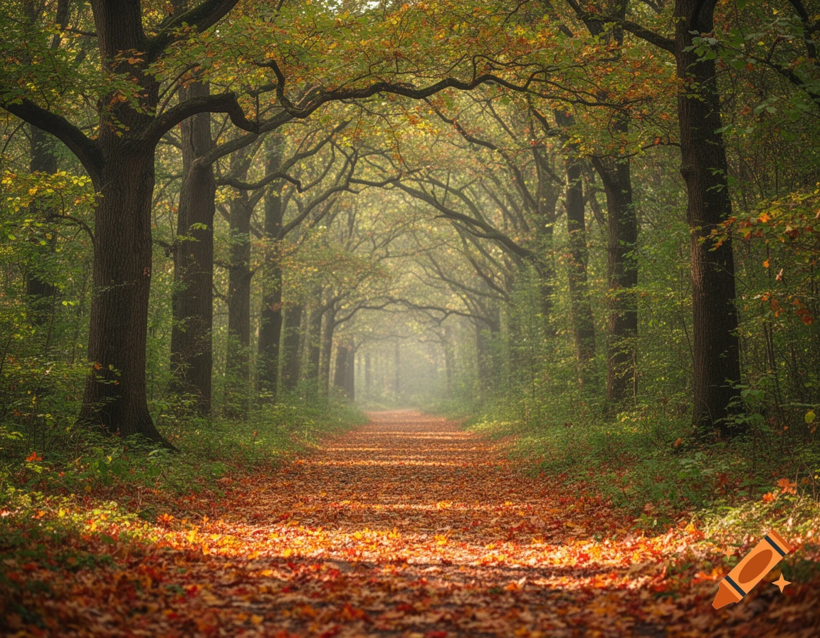 A photorealistic view of a forest path covered in orange autumn leaves, with sunlight filtering through the dense canopy of trees.
