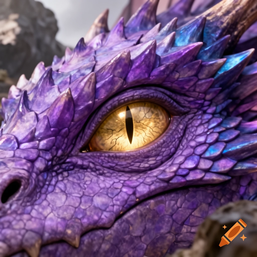 A highly detailed close-up of a purple dragon's eye, featuring intricate scales and a glowing yellow iris.