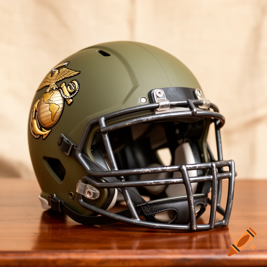 A matte olive green football helmet with a golden US Marine Corps emblem on its side, resting on a wooden table.