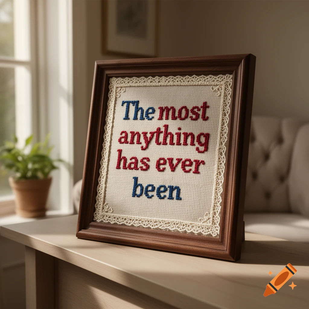 A framed cross-stitch sampler sits on a wooden table, displaying the phrase 'The most anything has ever been' in red and blue thread.