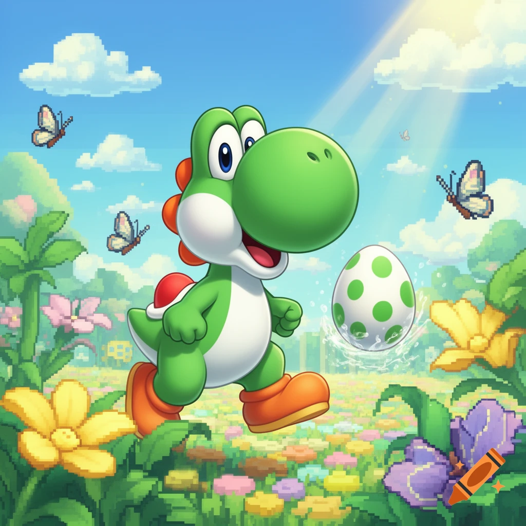 Cartoon Yoshi runs through a sunny, flower-filled field with pixelated butterflies, a green-spotted egg floating beside him.