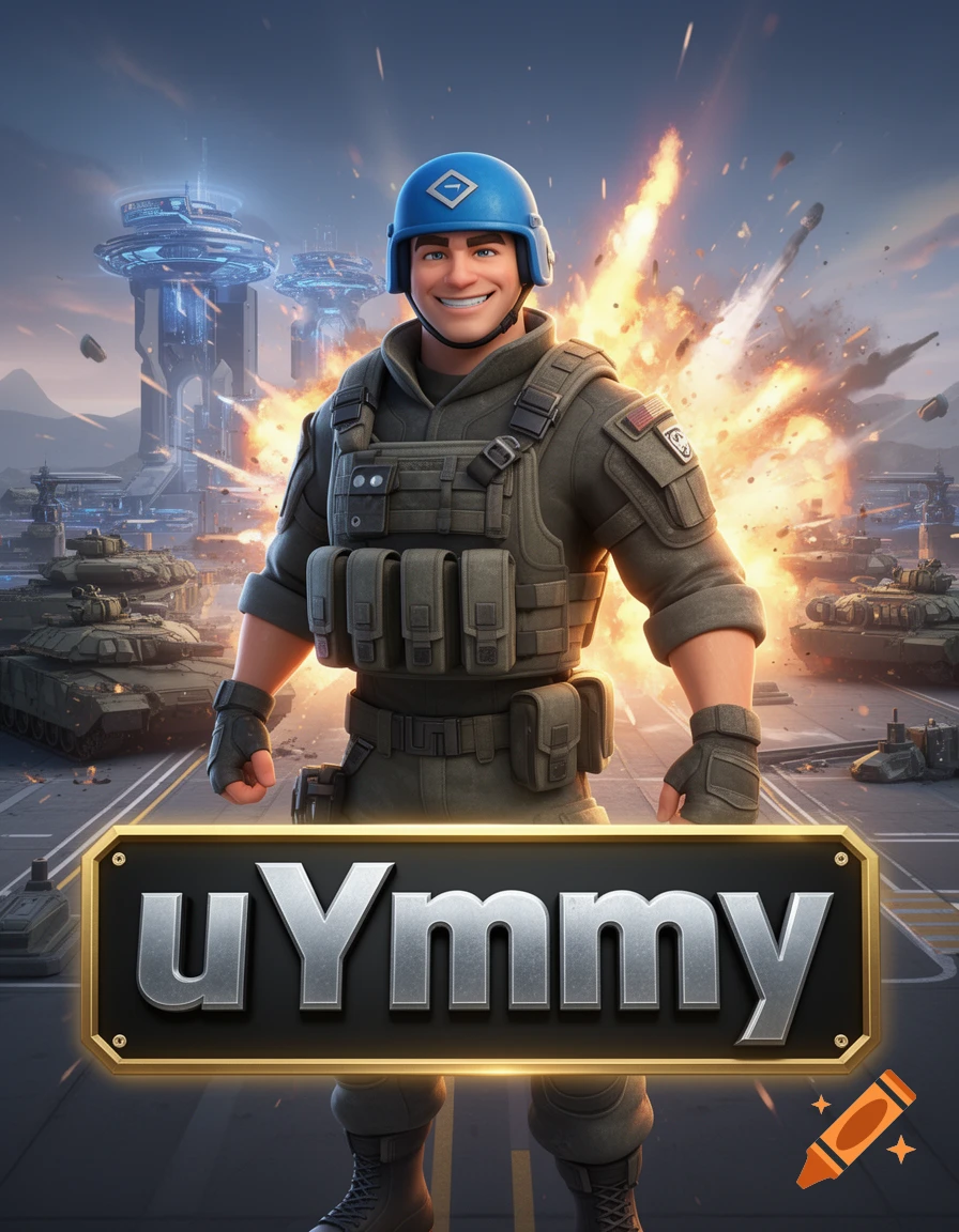 A smiling 3D animated military commander in a blue helmet and tactical gear stands amidst explosions and tanks, with 'uYmmy' text.