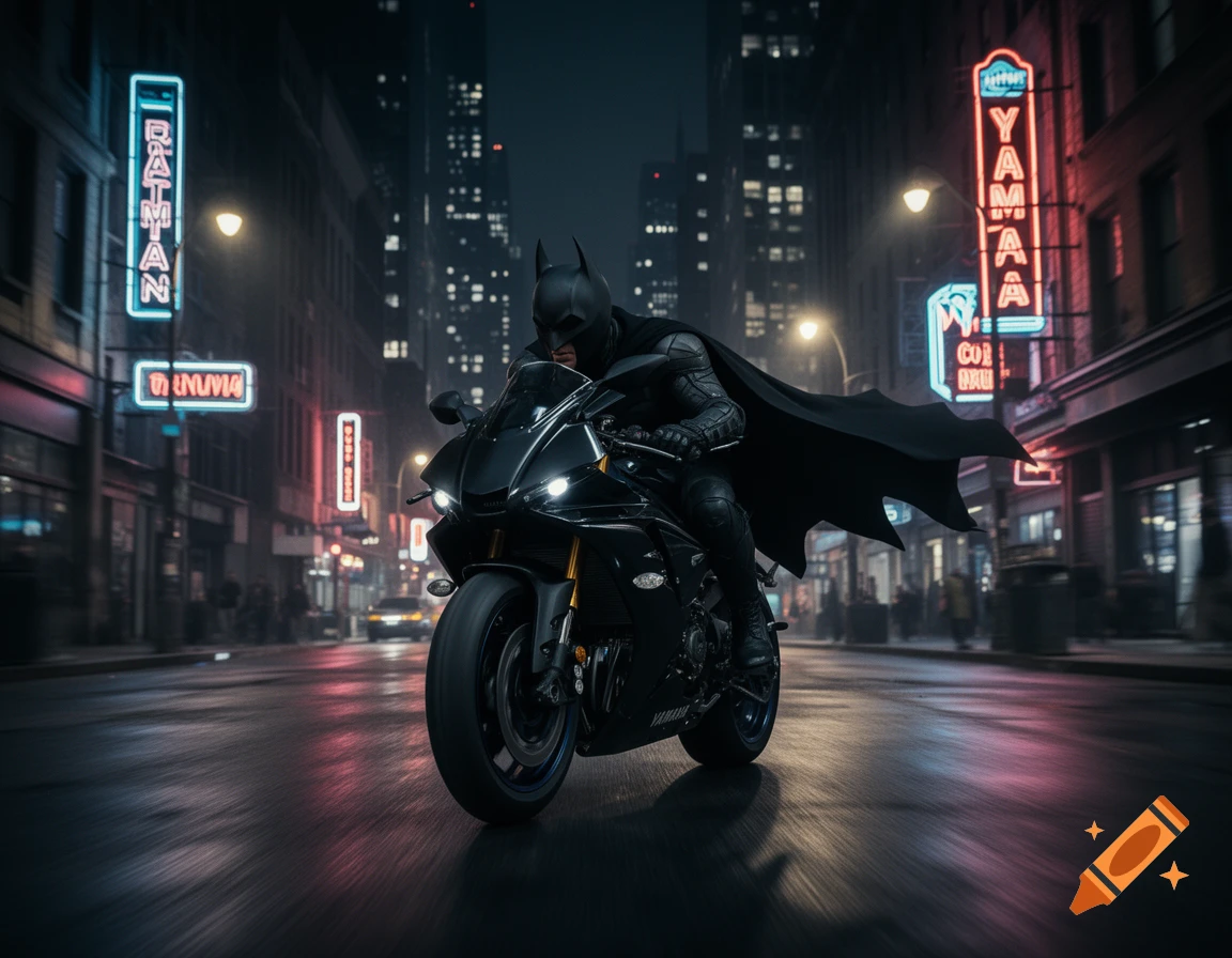 Batman, in his full suit and cape, rides a sleek black motorcycle through a neon-lit city street at night, looking forward intensely.