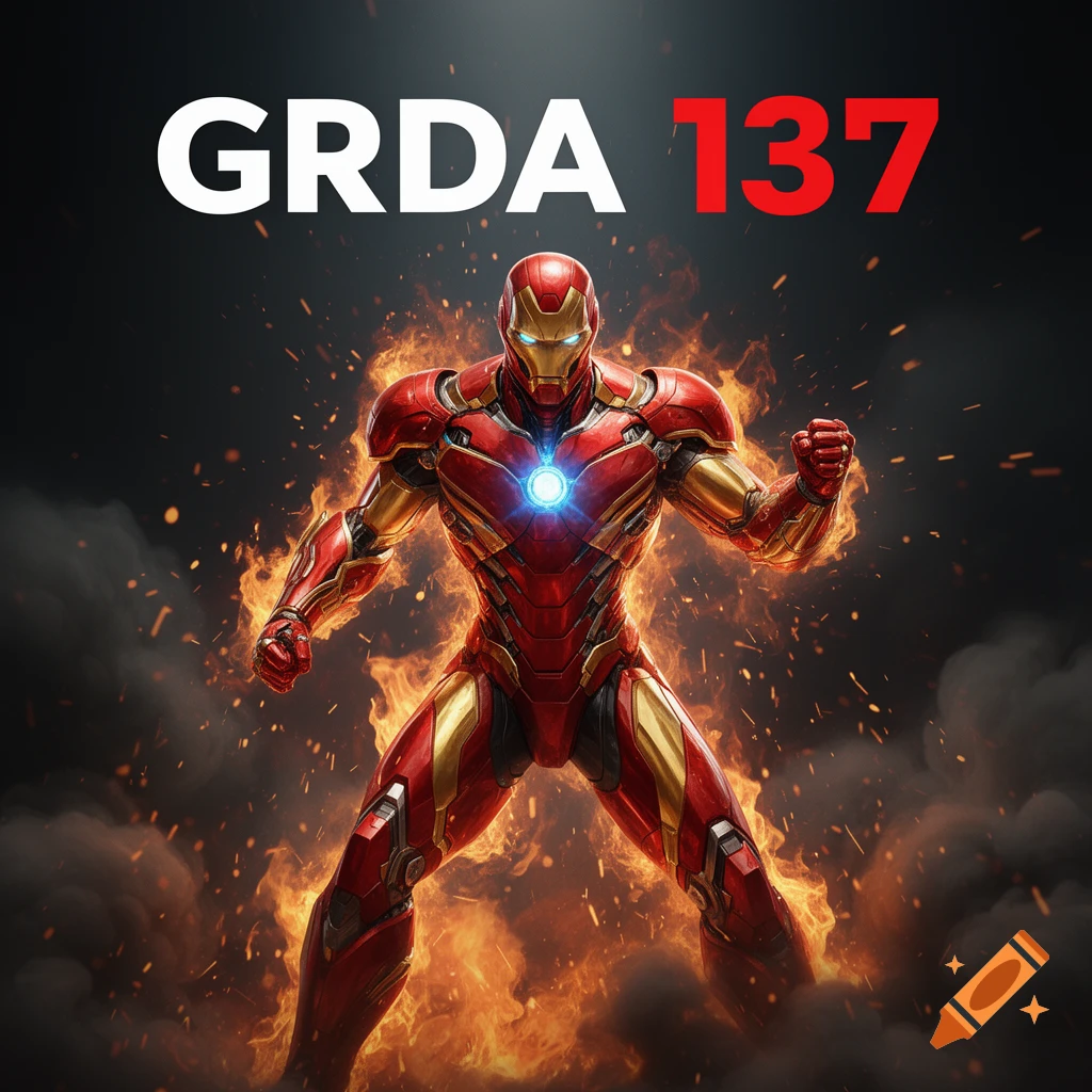 A powerful futuristic superhero in red and gold armor with a glowing chest, amidst fire and smoke, with 'GRDA 137' text.