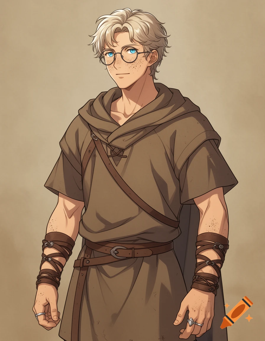 Anime-style young man with light hair, blue eyes, freckles, and round glasses, wearing a brown hooded tunic with leather straps and bracelets.
