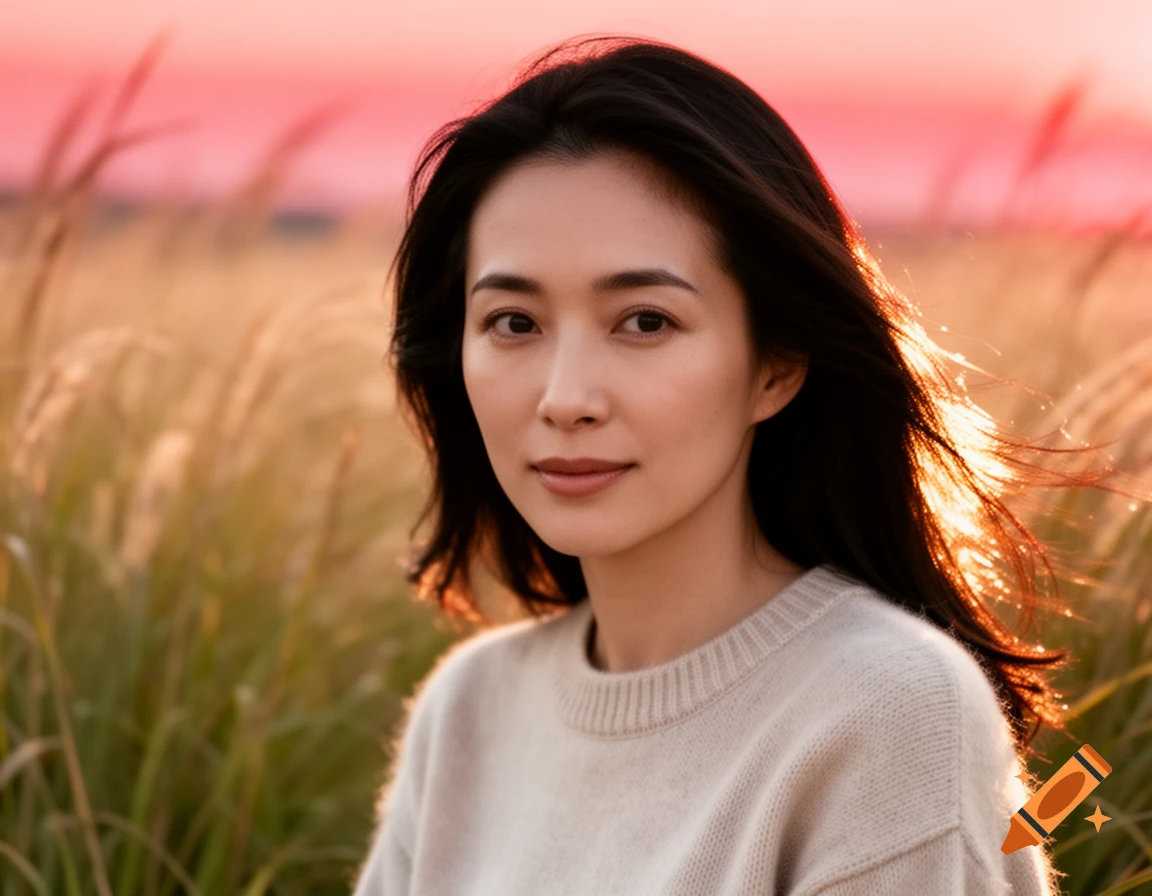 Photorealistic portrait of a woman in a beige sweater, in a grassy field with a warm sunset sky.