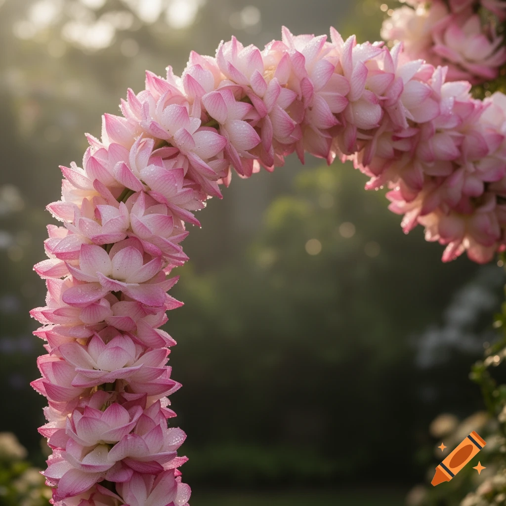 Close-up of a pink and white lotus flower garland covered in dewdrops, curving against a softly blurred, sunlit green background.