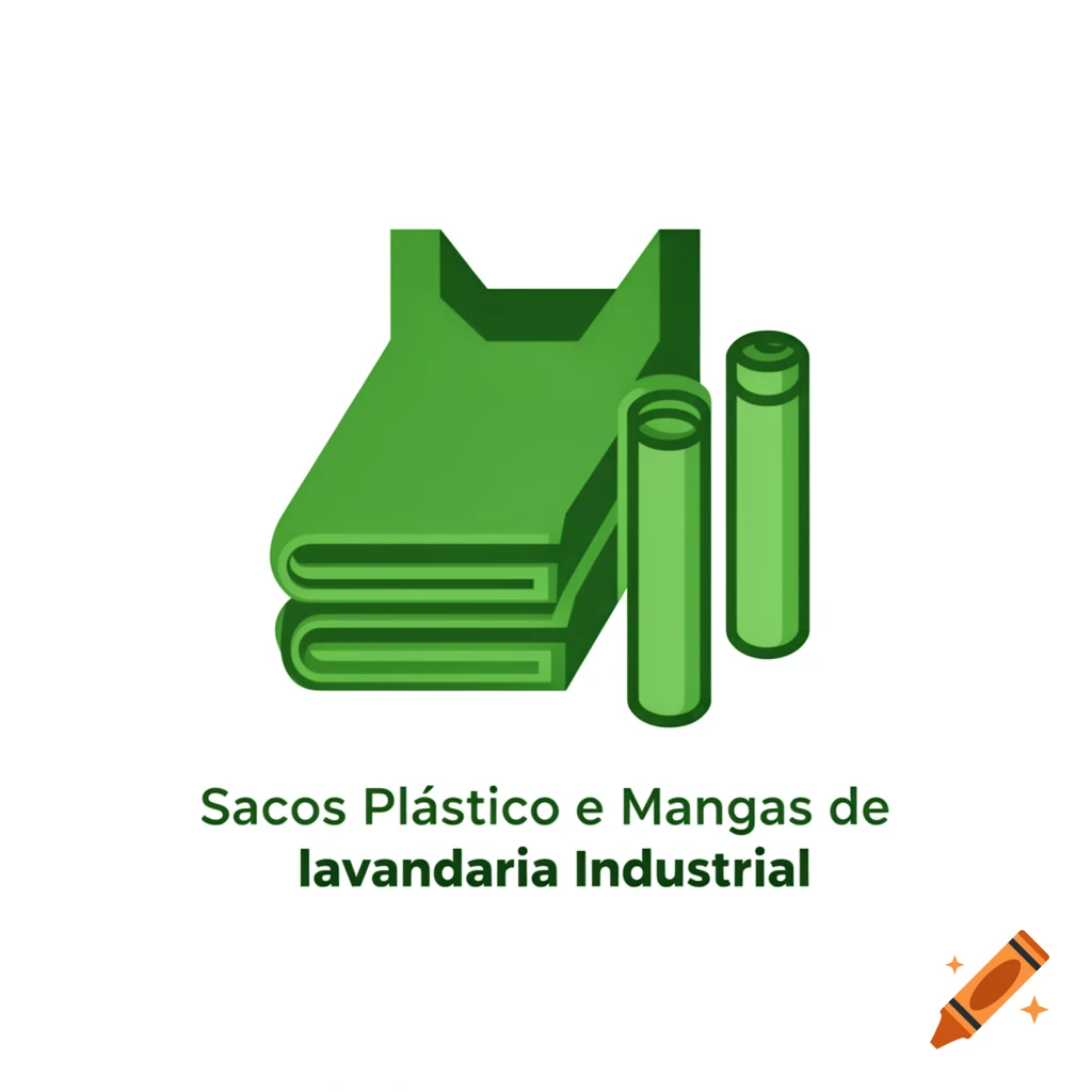 Green icon of folded plastic laundry bags and two rolled sleeves with Portuguese text below.
