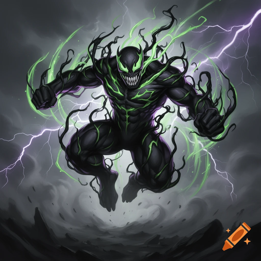 A powerful, black, green-glowing Venomized Machoke jumps with clenched fists amidst green energy and purple lightning in a stormy sky.