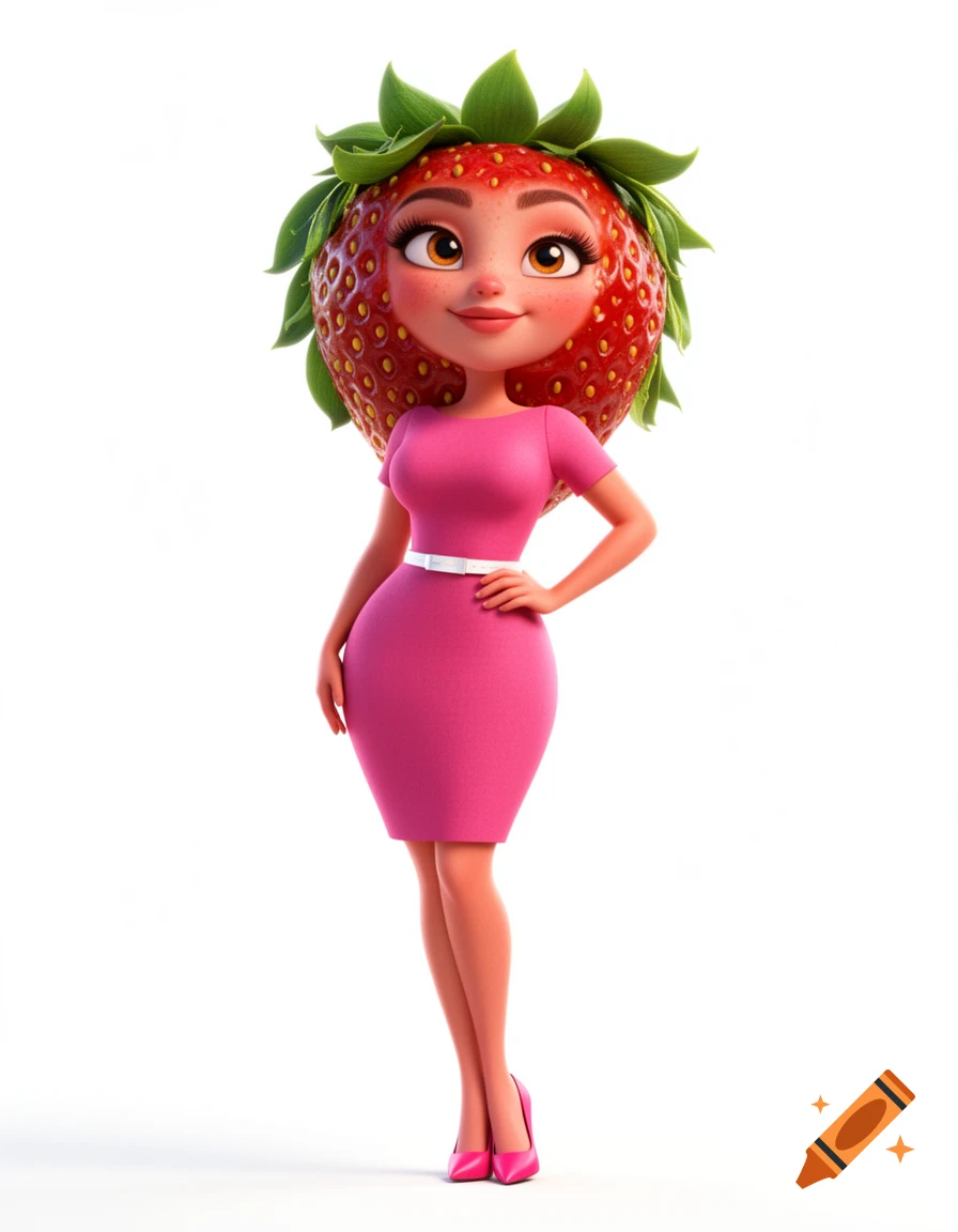 3D animated anthropomorphic strawberry woman in a pink dress and heels, standing on a white background.