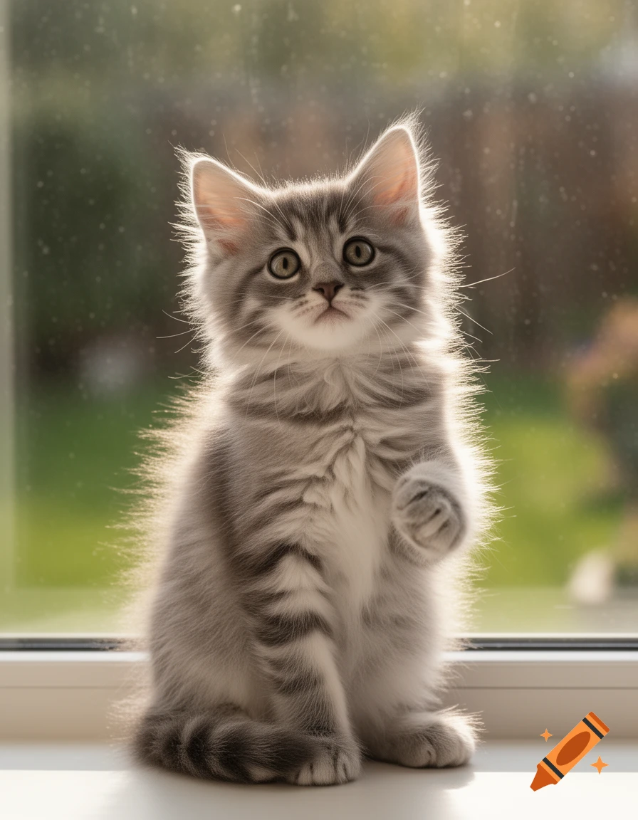 A fluffy grey and white kitten sits on a windowsill, looking up with one paw raised, against a blurred green background.