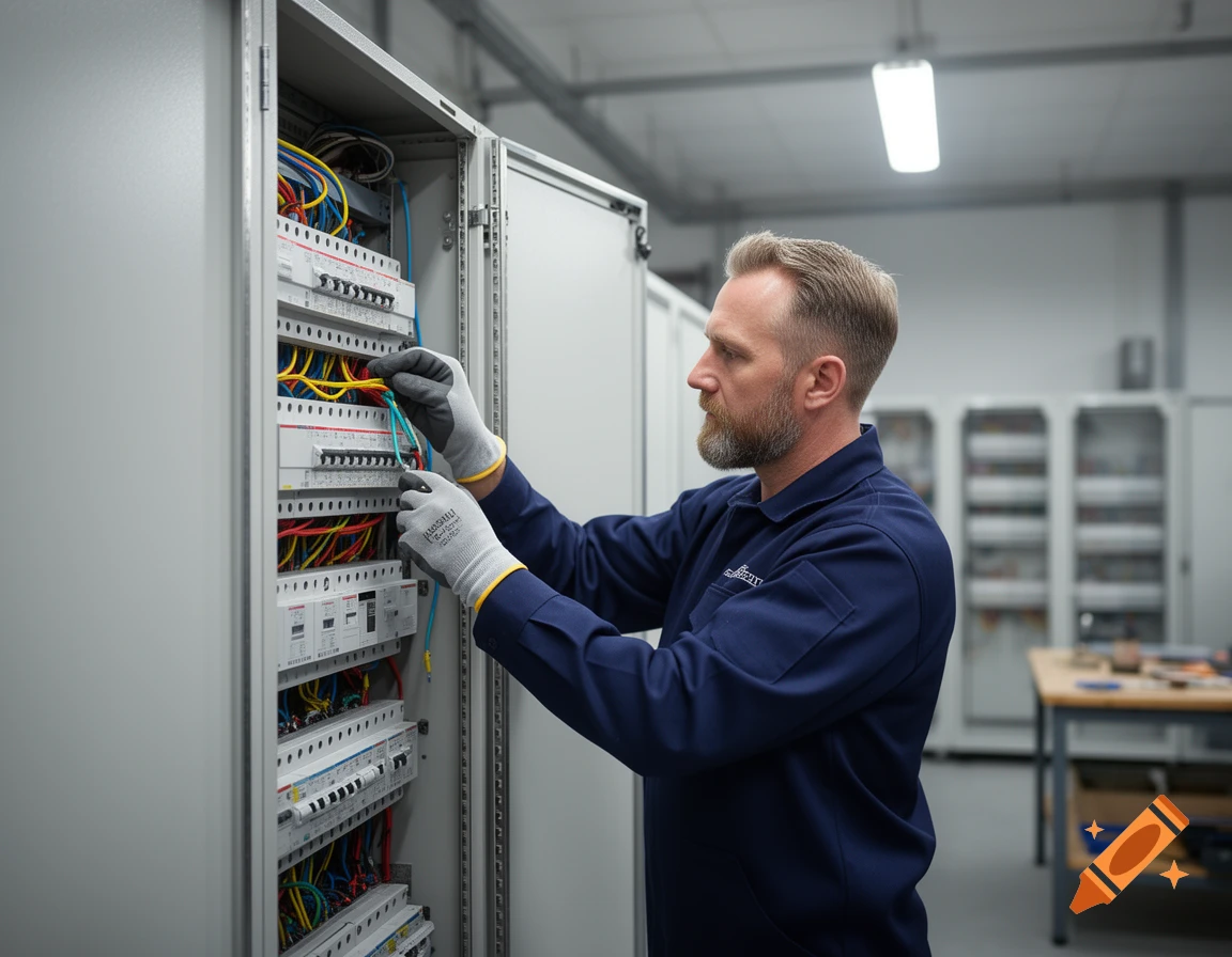 A male electrician in a navy blue uniform and gloves works on wiring inside an open electrical control cabinet.