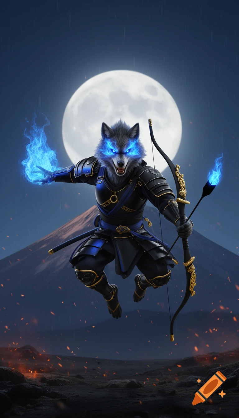 A fierce humanoid wolf samurai in dark armor with blue and gold accents, holding blue fire and a bow with a blue fiery arrow, mid-jump under a full moon with a volcano and falling embers in the background.