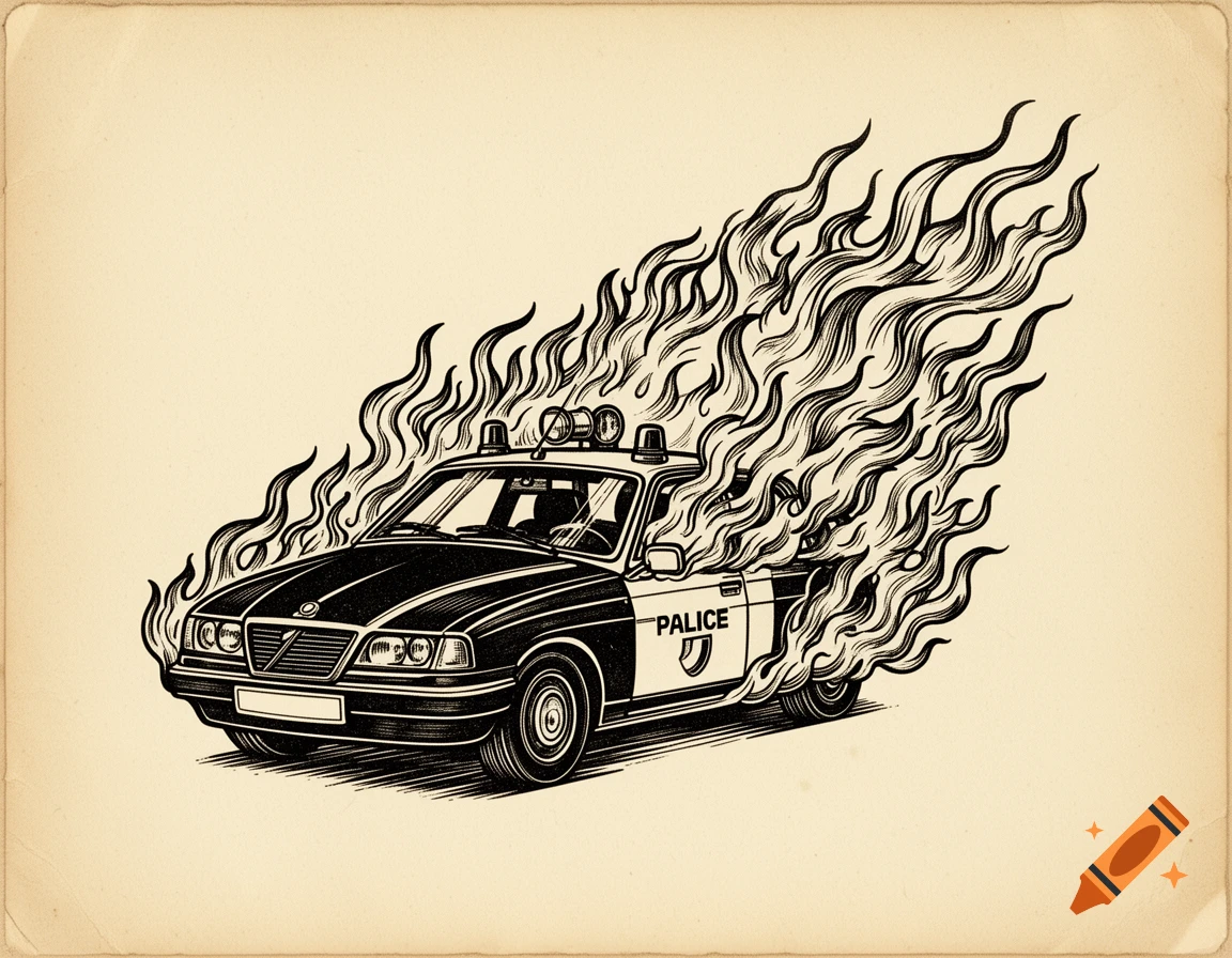 A stylized black and white vintage engraving of a burning police car on a parchment-like background.