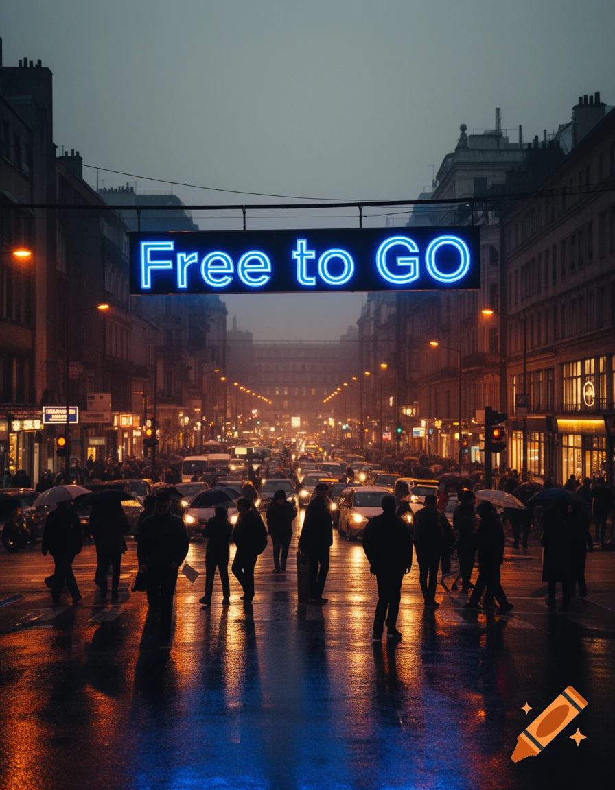 A rainy city street at night with people and cars, illuminated by warm streetlights and a blue neon sign reading 'Free to GO' overhead.