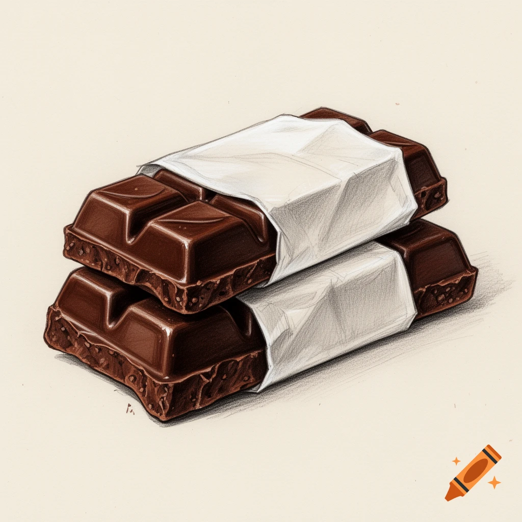 A detailed drawing of two dark chocolate bars, one stacked on the other, partially wrapped in white paper.