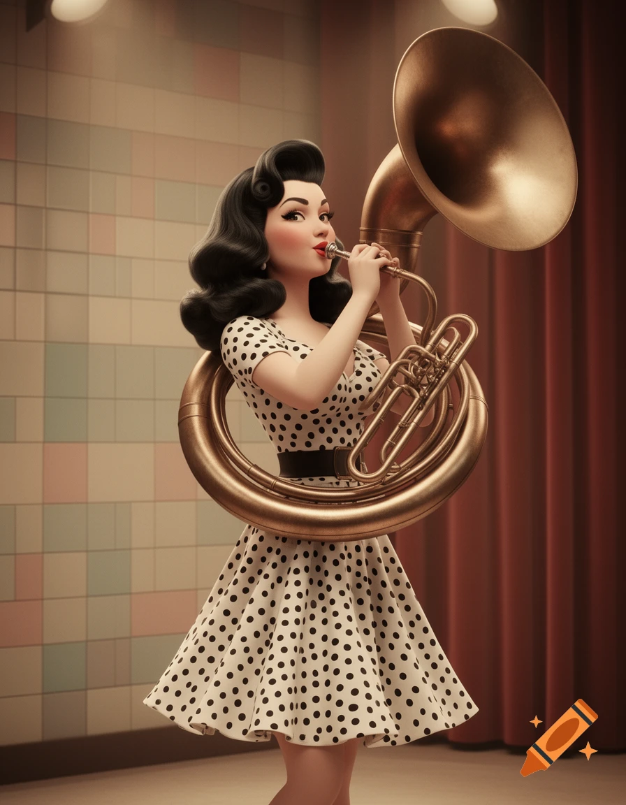 A stylized 3D illustration of a woman in a white polka-dot dress playing a bronze sousaphone, with dark, curly hair in a 50s pin-up style.