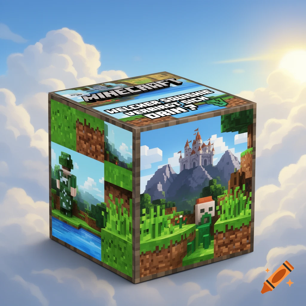 A Minecraft-themed collectible box in a pixelated style, featuring landscapes, characters, and text 'MINECRAFT WELCHER SOUISHIE VERBERGT SICH DRIN?' on its faces, set against a blue sky with clouds.