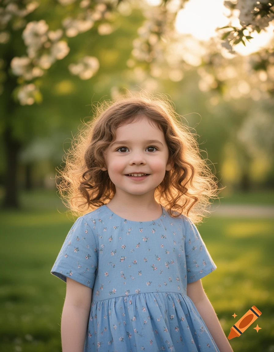 A smiling young girl with curly brown hair in a light blue floral dress stands in a sunlit park with blurry white blossoms.