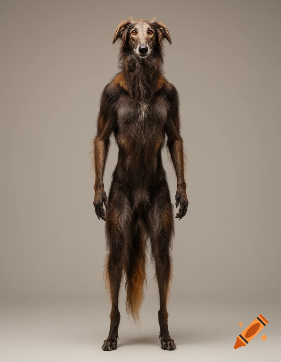 A photorealistic furry humanoid with a sighthound dog head and brown fur, standing on a grey background.